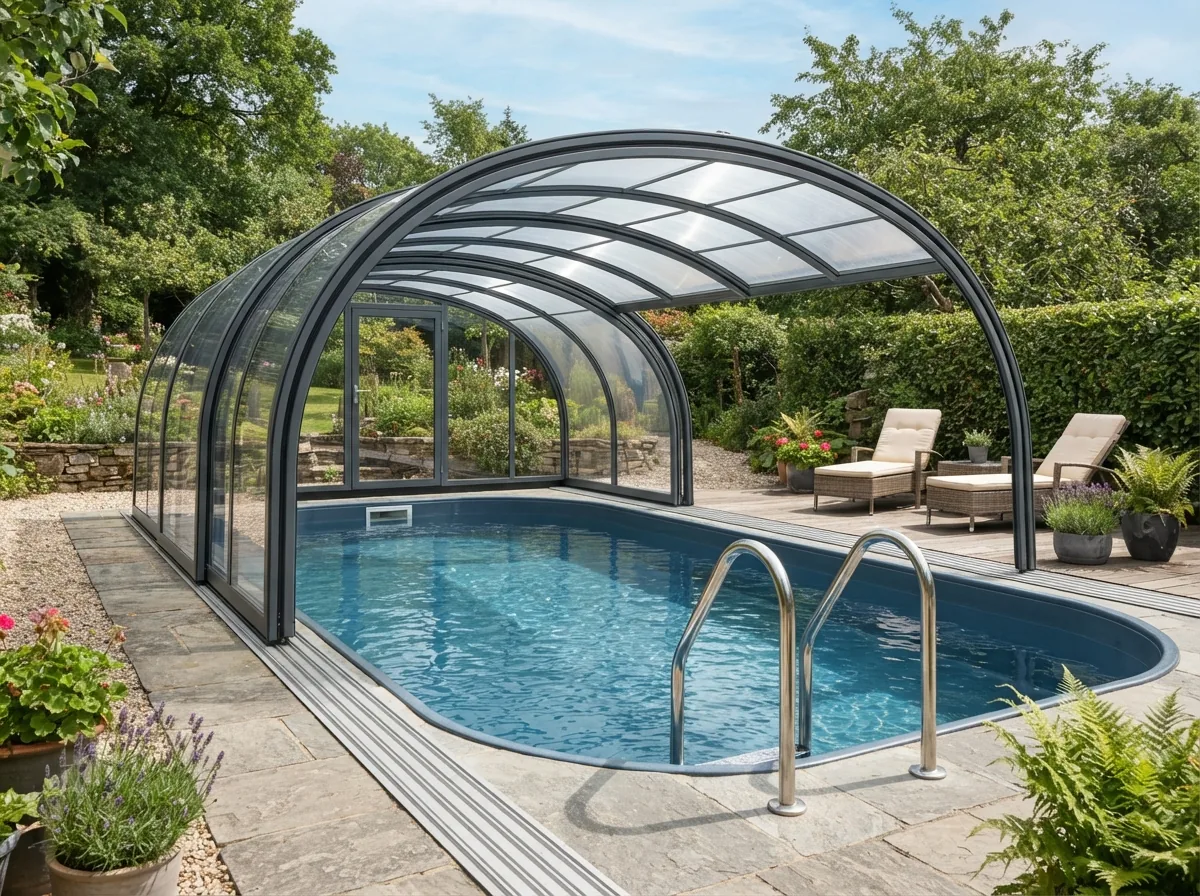 A one-piece pool with a mid-height curved enclosure and stainless steps