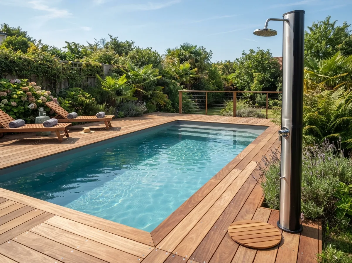 A family liner pool, 7 × 3.5 m, with a solar shower and decking