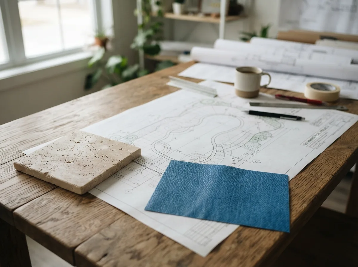 The design on the table with a paving sample and a liner swatch