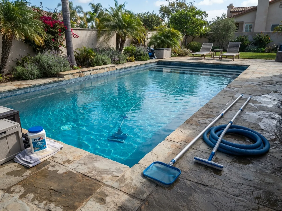The finished pool on handover day, clear water and the kit laid out