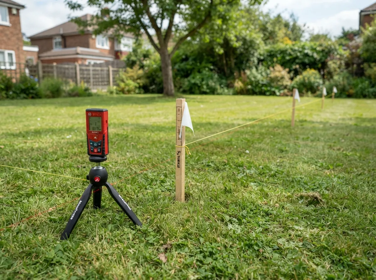 Surveying the garden — a laser measure, pegs and a line on the lawn
