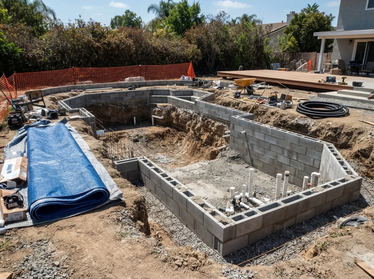 A pool under construction — the excavation, blockwork and the liner ready