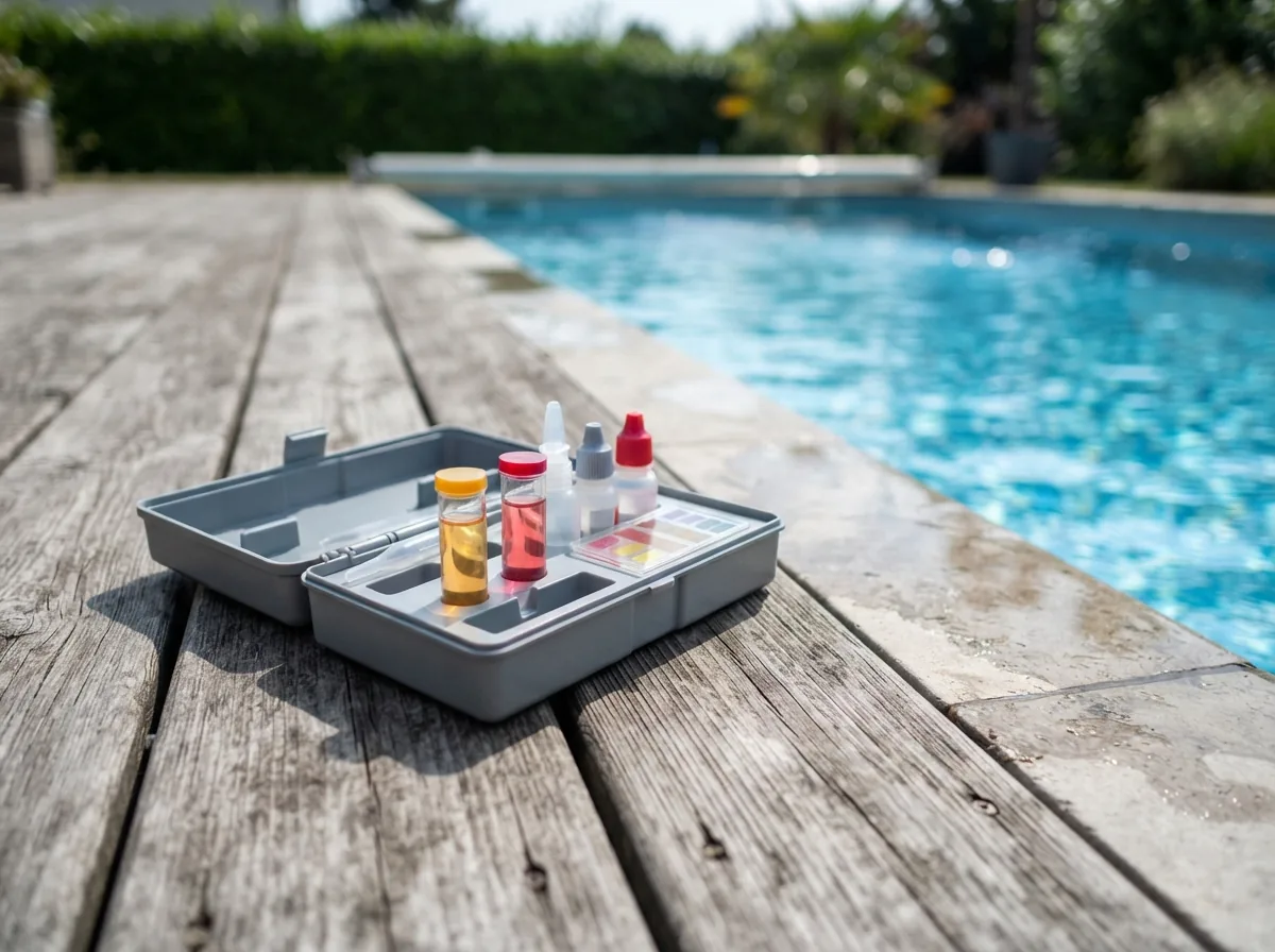 A water test kit on the deck beside the pool