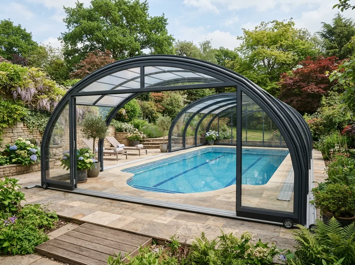 A full-height curved enclosure with the front section slid back