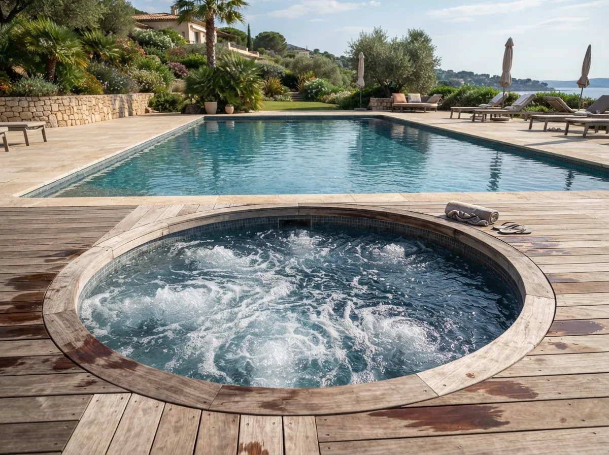 A sunken hot tub set into the decking beside the pool