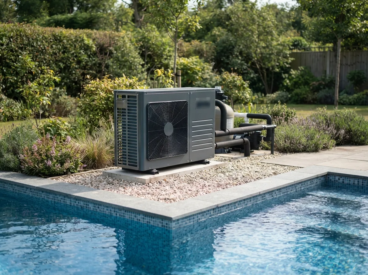 An air source heat pump on a gravel bed beside the pool