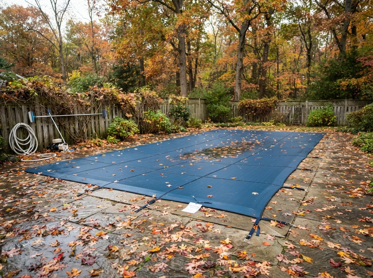 A pool shut down for winter under its cover, leaves on the deck