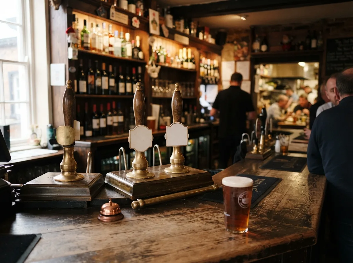 The bar, with the cask pumps and the wine shelves