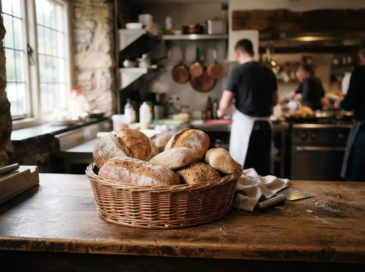 Bread baked this morning, in a basket