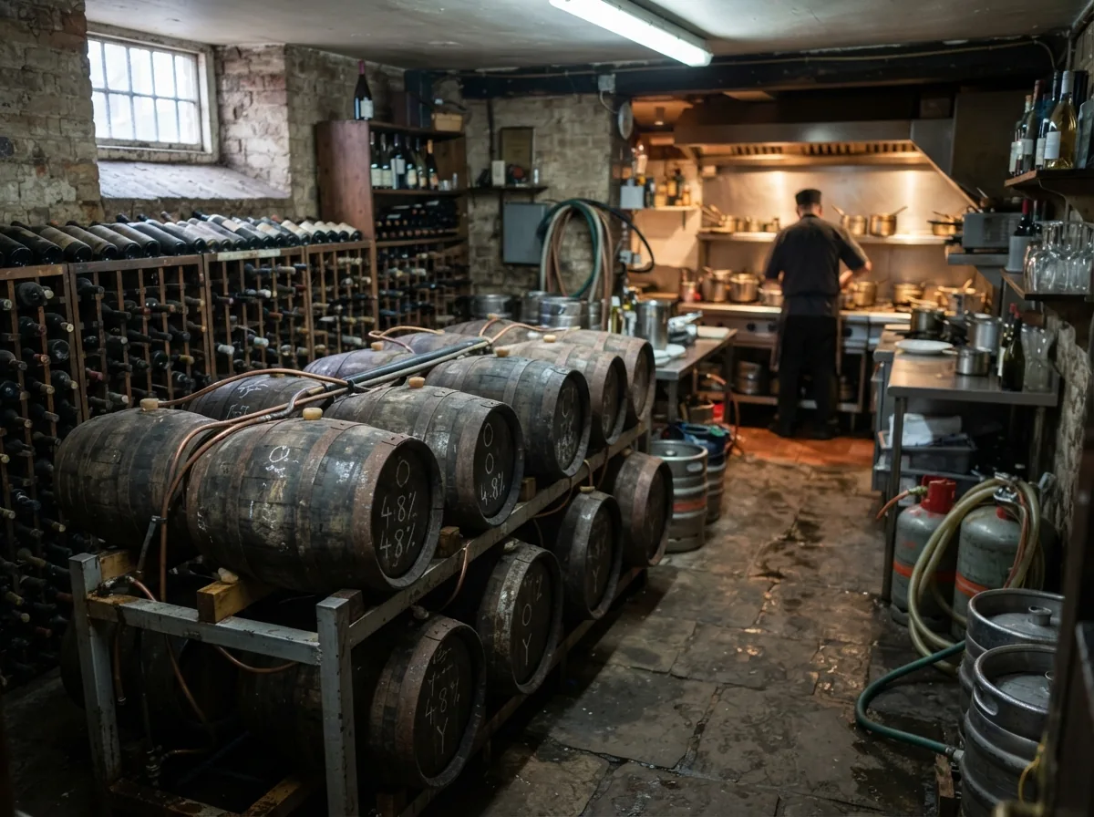 The cellar, with the wine racks