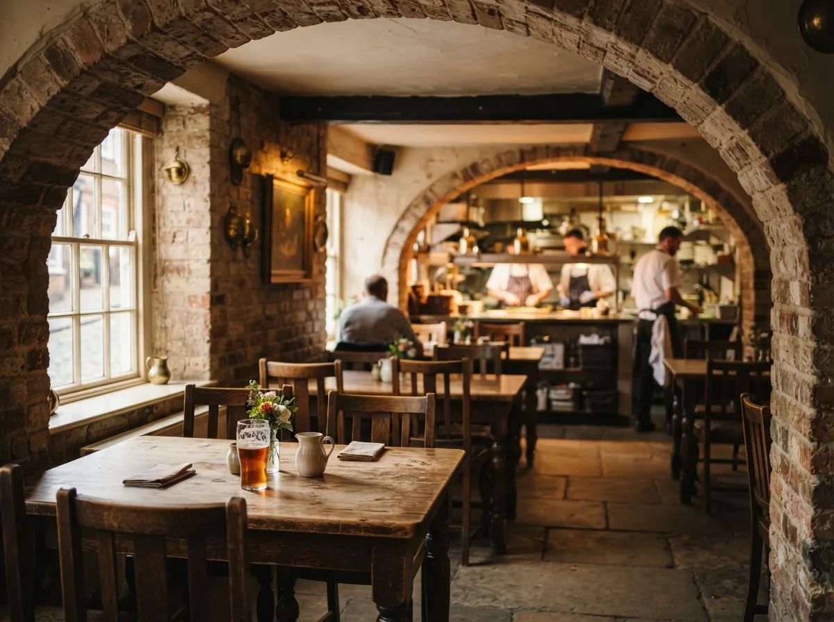 The dining room with oak tables and brick arches