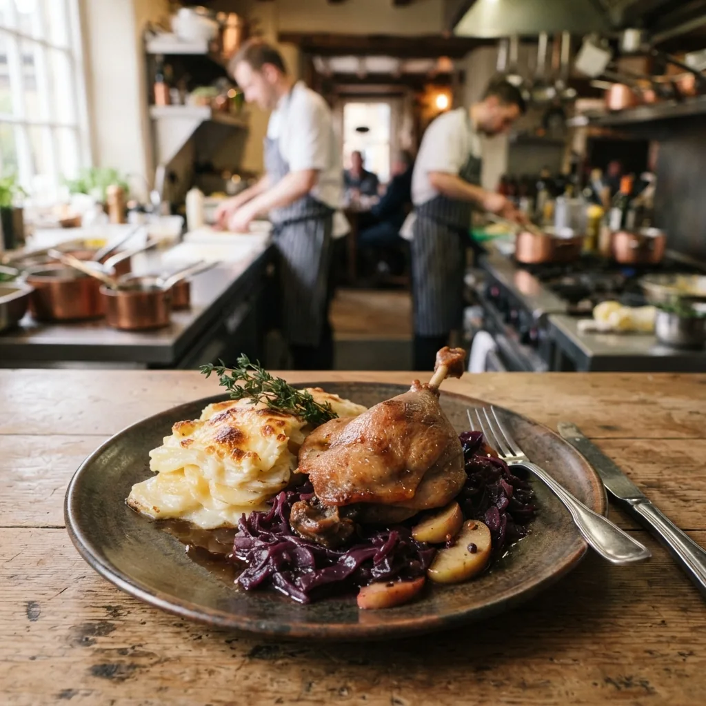 Confit duck leg with red cabbage and dauphinoise