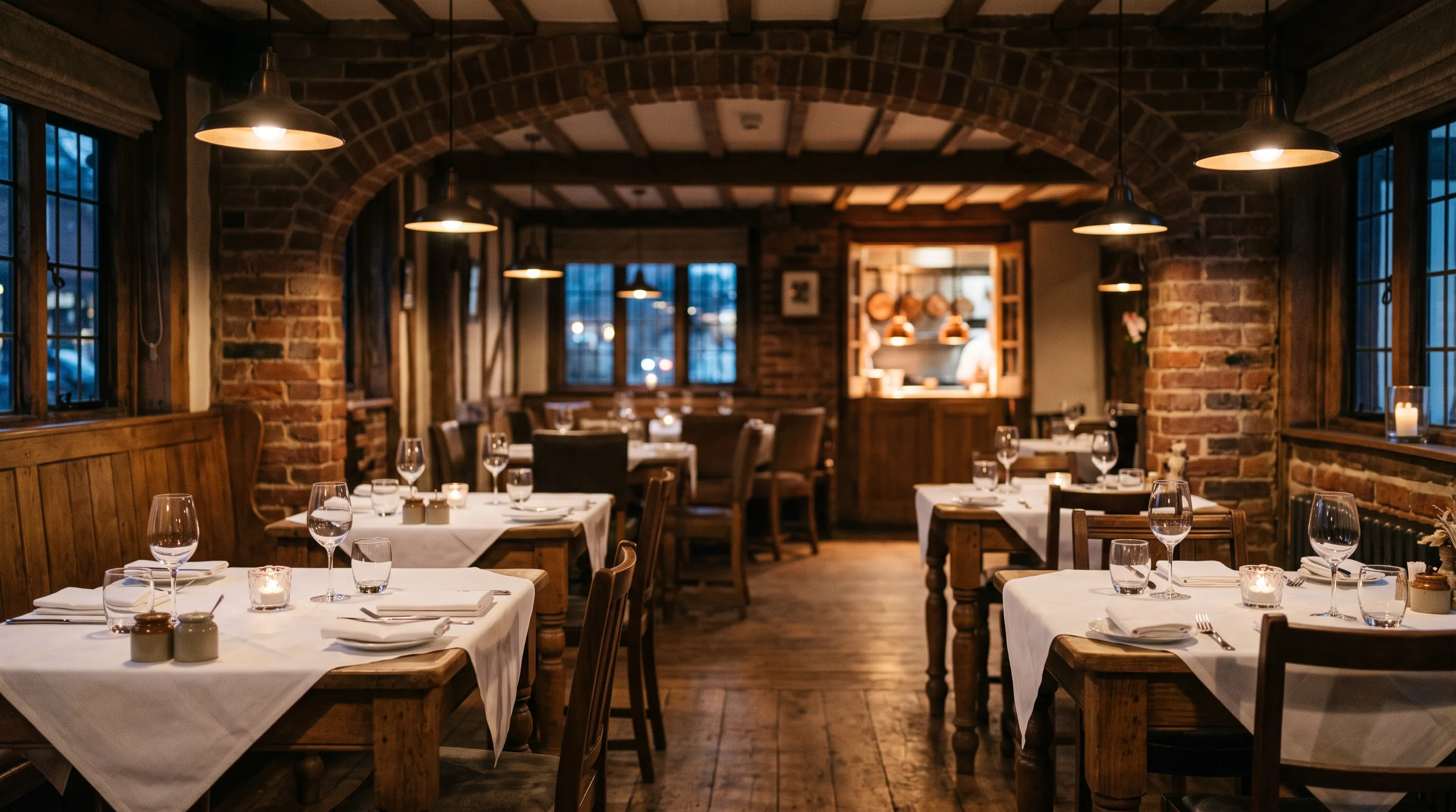 The dining room in the evening, tables laid up