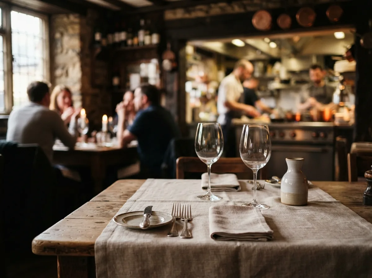 A table laid with linen, cutlery and wine glasses