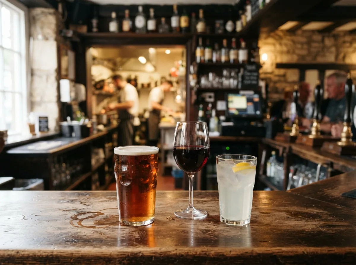 A pint of cask ale, a glass of wine and a lemonade on the bar
