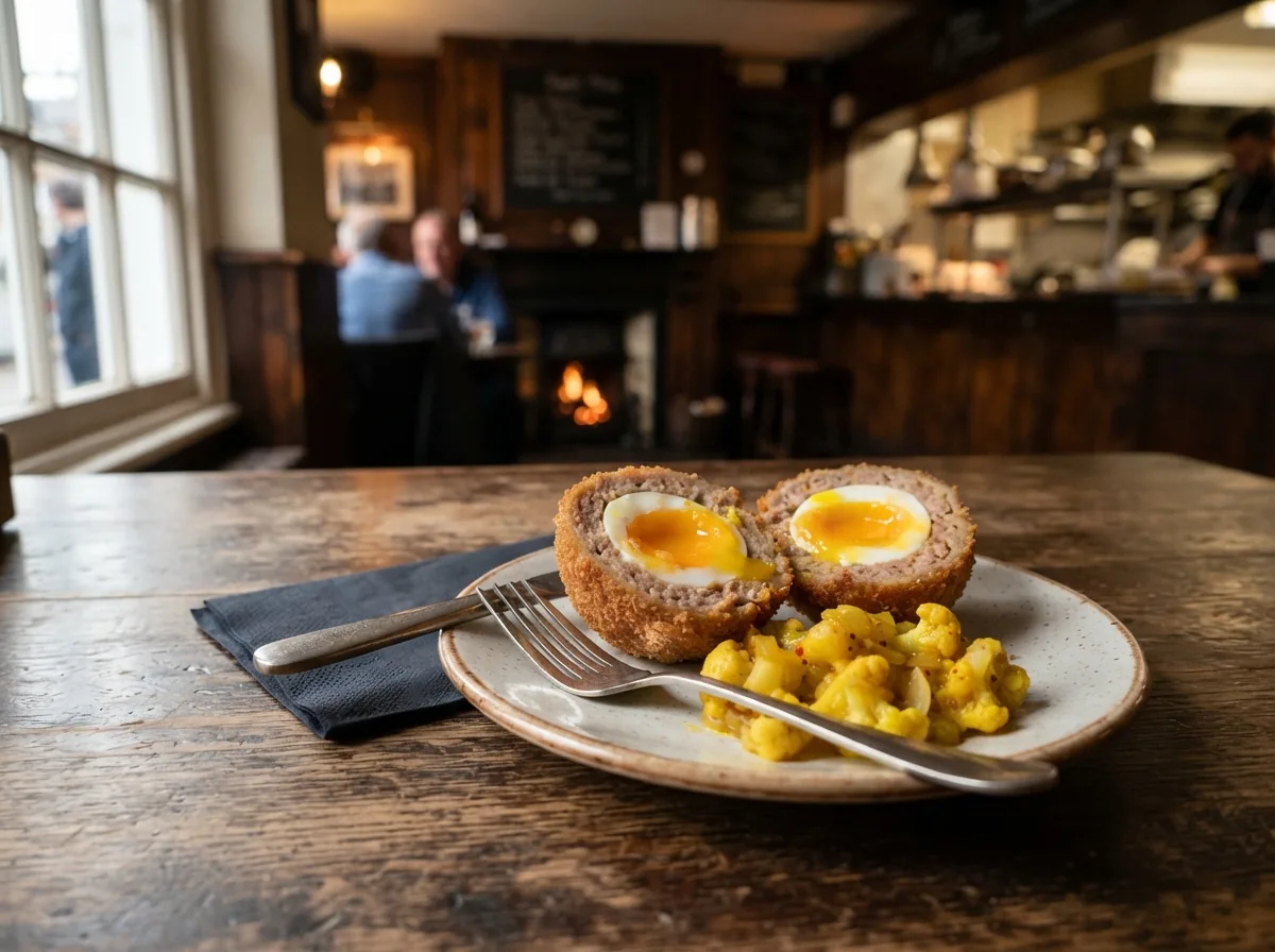 A scotch egg cut open, with piccalilli