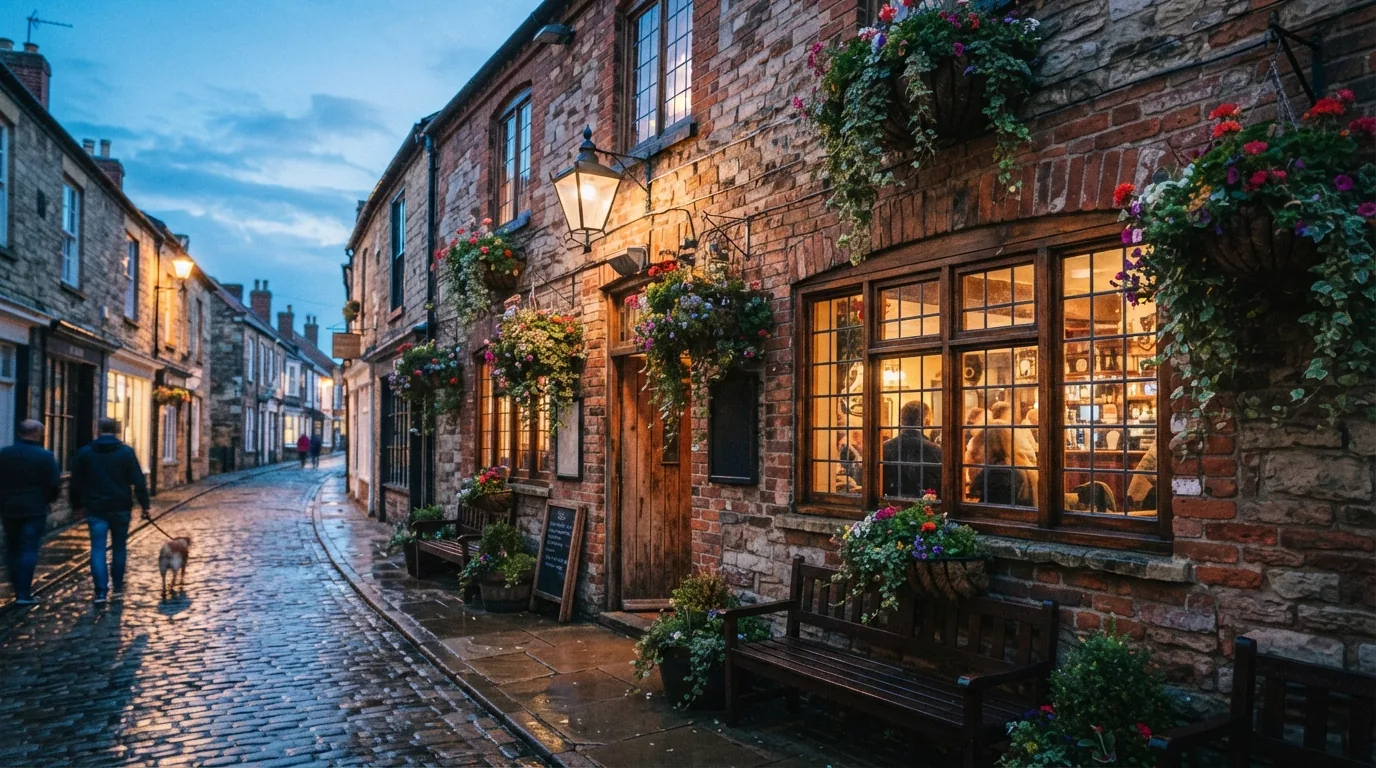 The front of the pub in the evening, lights on