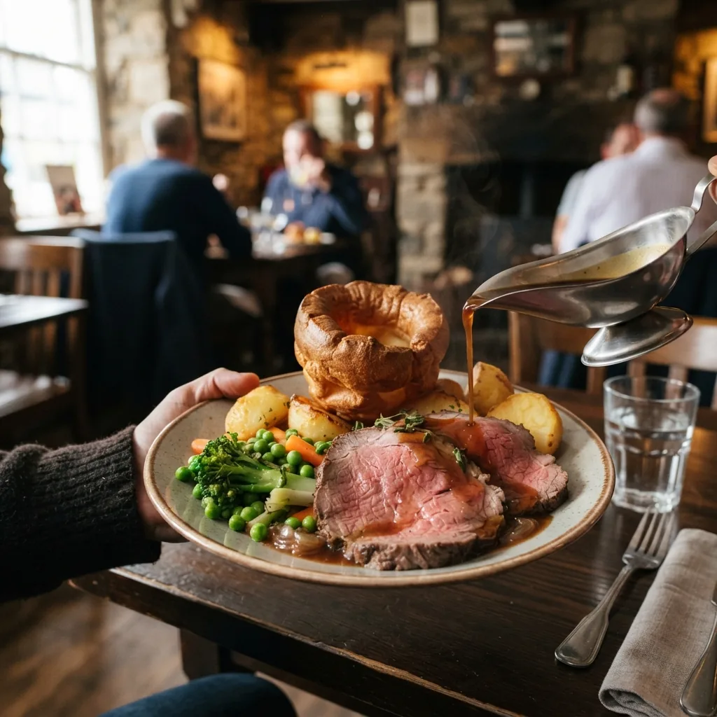 Roast sirloin with Yorkshire pudding and gravy