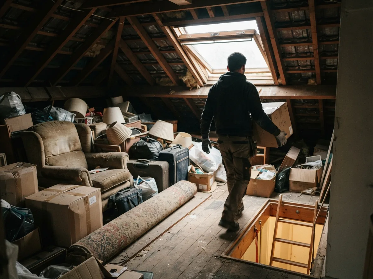 A half-cleared loft with old furniture and boxes, a remover carrying a box to the hatch