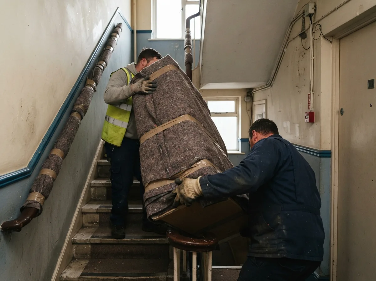 Removers carrying a blanket-wrapped wardrobe down a flat staircase