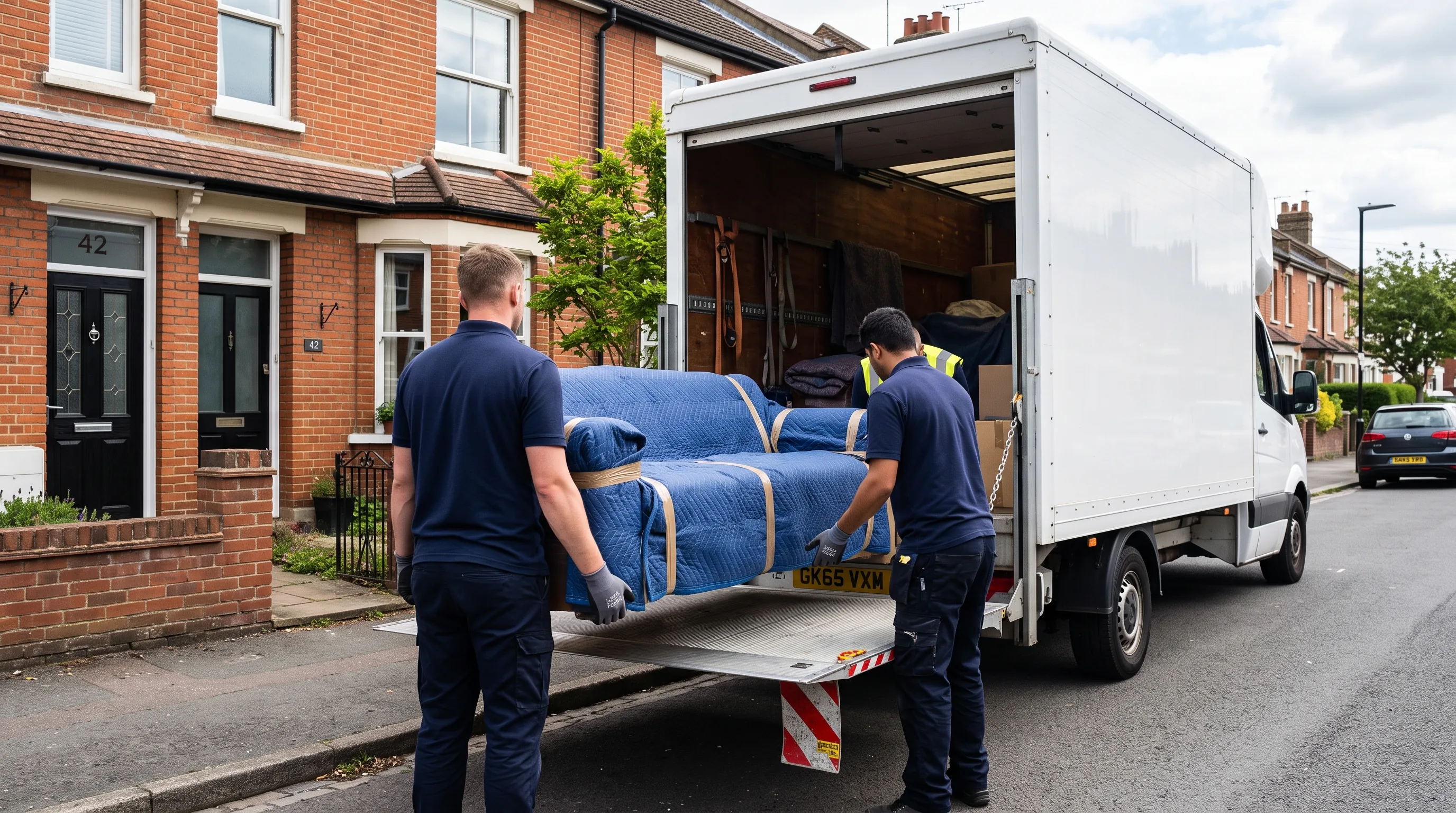 Two removers loading a blanket-wrapped sofa onto the tail lift of a van