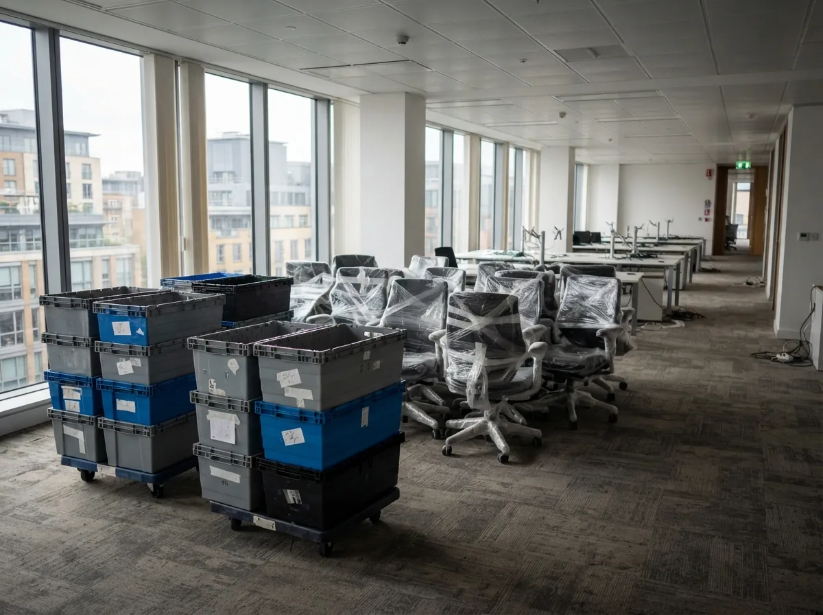 Wrapped office chairs and crates ready to go in an open-plan office