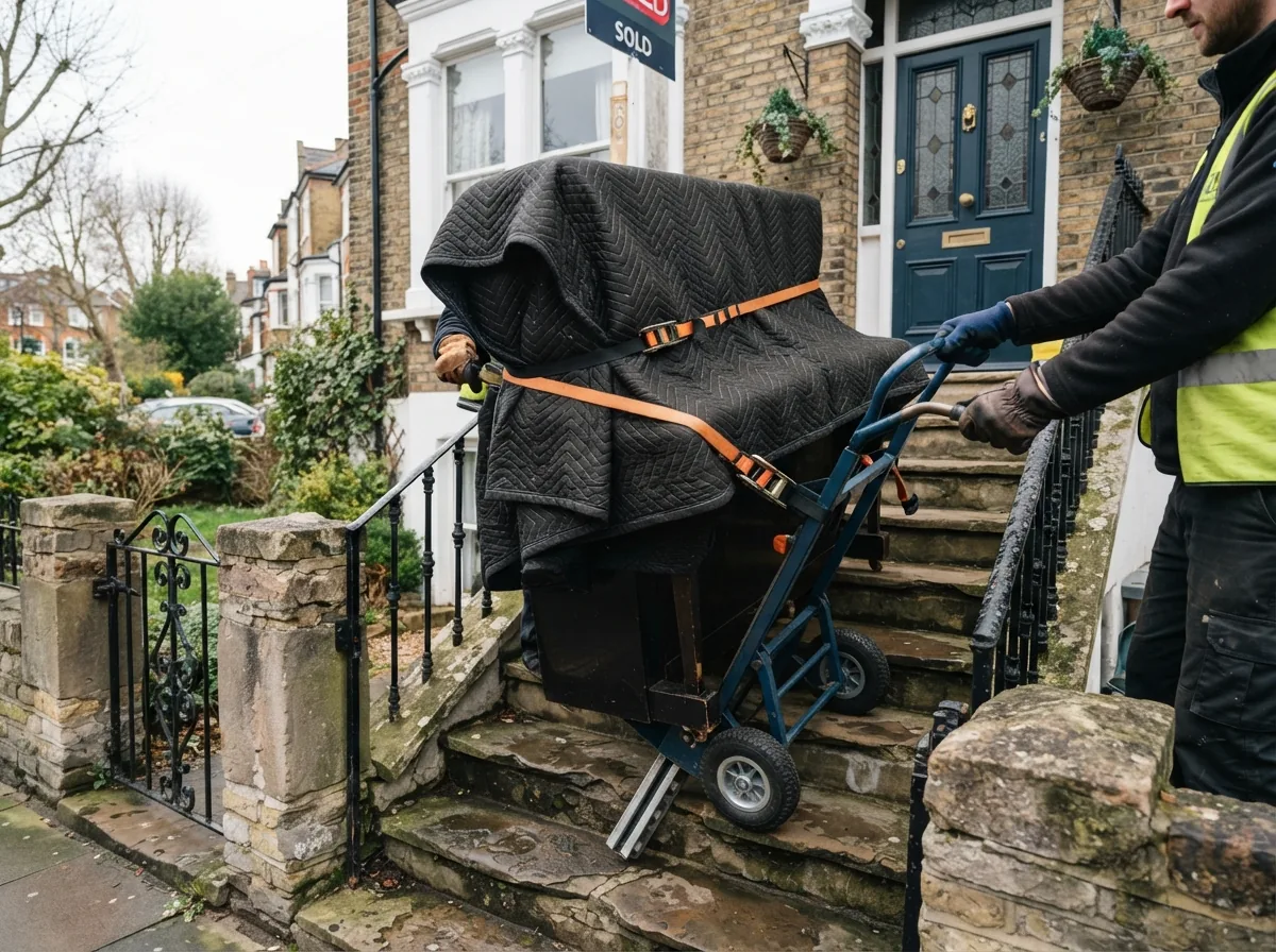 A blanket-wrapped upright piano strapped to a stair climber on front steps