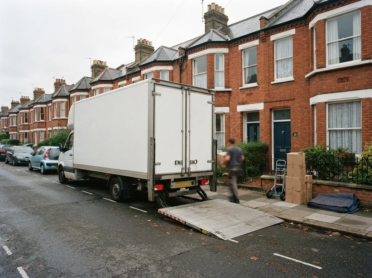 A white box removals lorry with its tail lift down outside a brick terrace