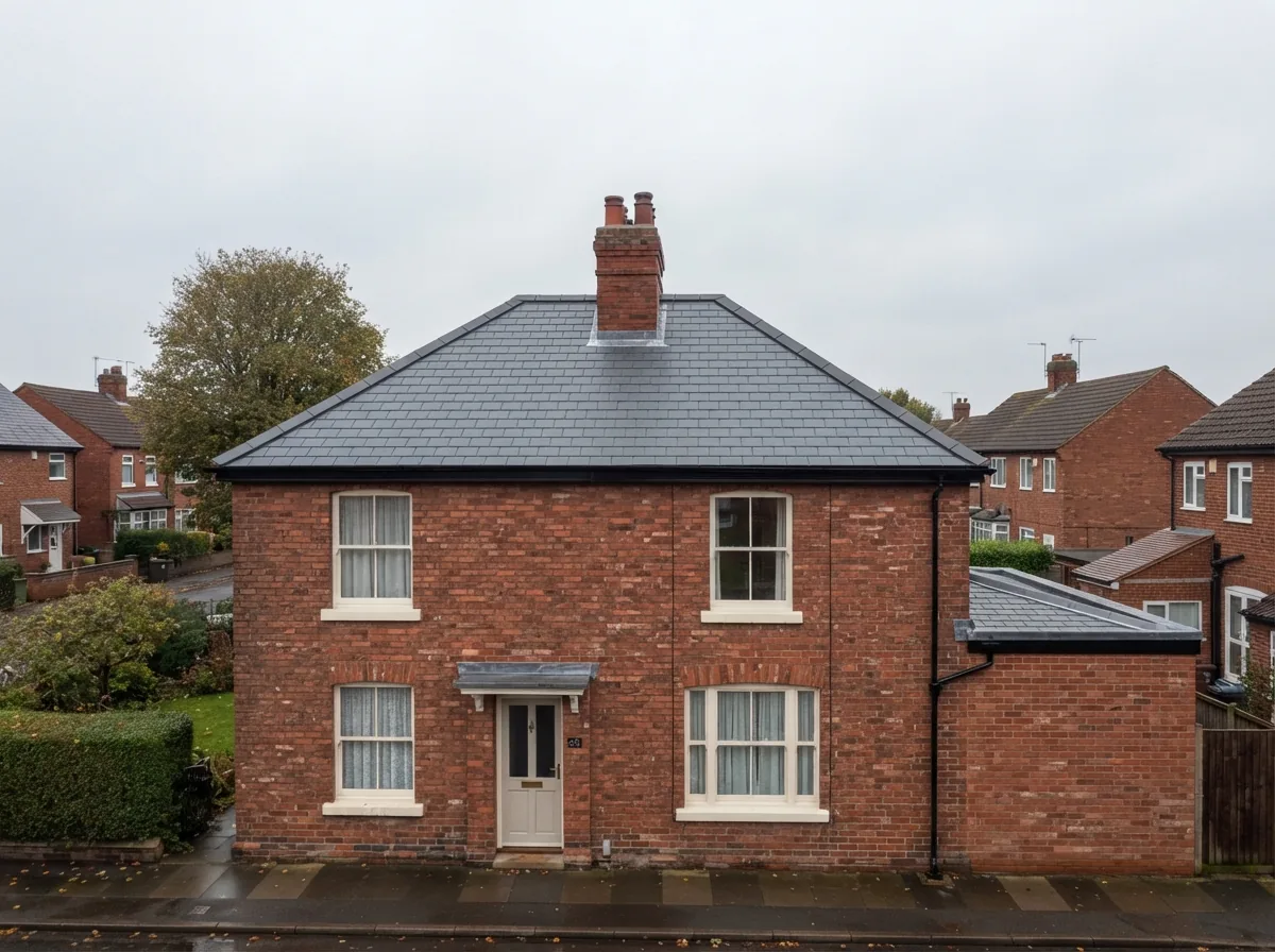 The same roof fully replaced, with new ridge tiles, flashing and guttering