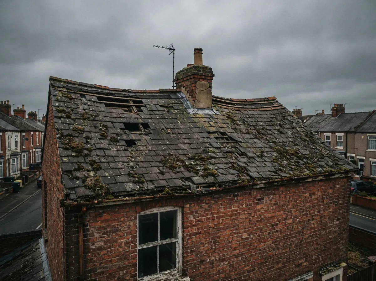 A tired roof before replacement, with slipped slates and moss in the valleys