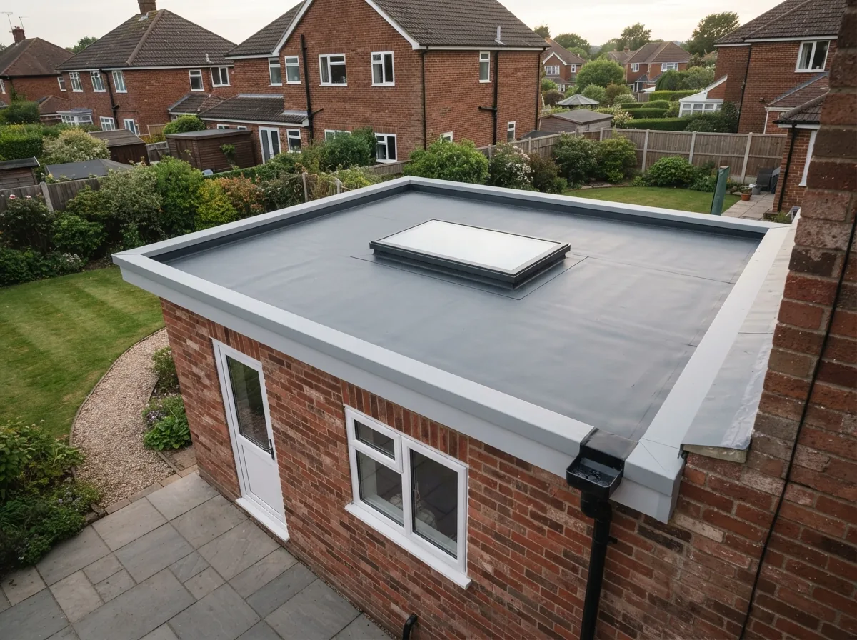 A finished flat roof in dark grey EPDM with a flush rooflight