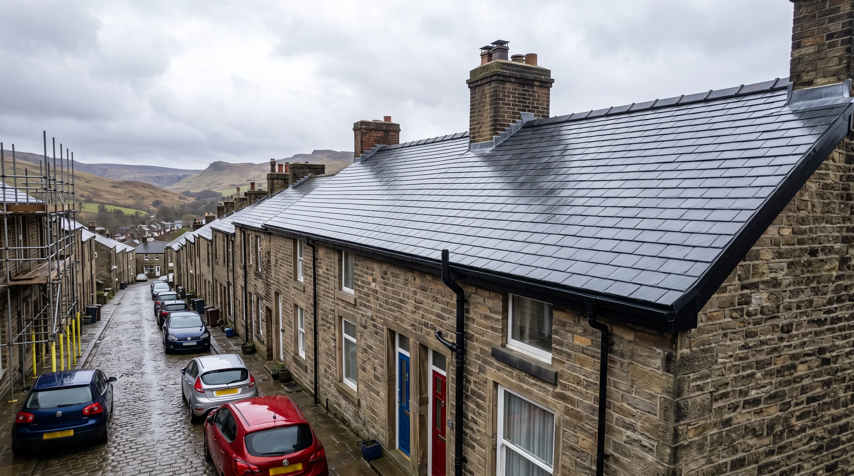 A completed re-roof on a terraced house, new slate with fresh lead flashing and guttering