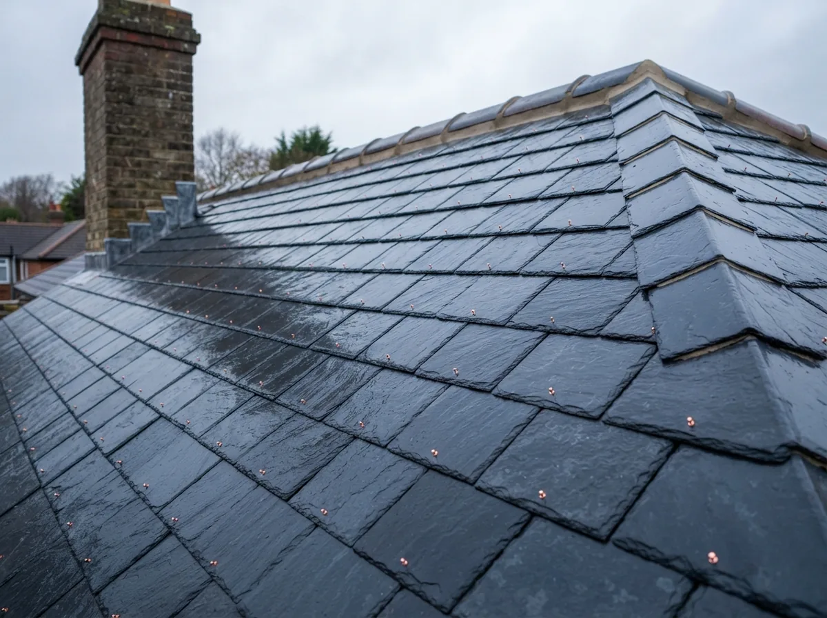 Emergency storm work — a tarpaulin sheeted and battened over damaged slate