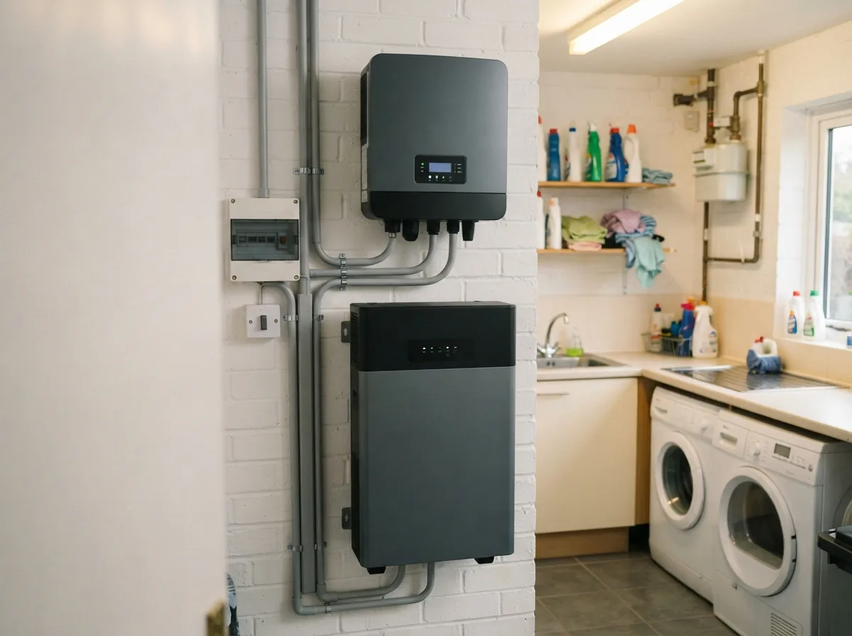 A battery and hybrid inverter on the wall of a utility room