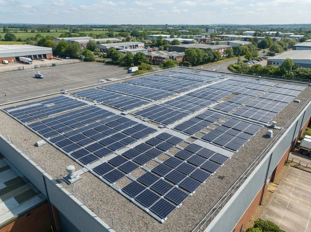 A flat industrial roof with panels in east–west pairs on ballasted frames
