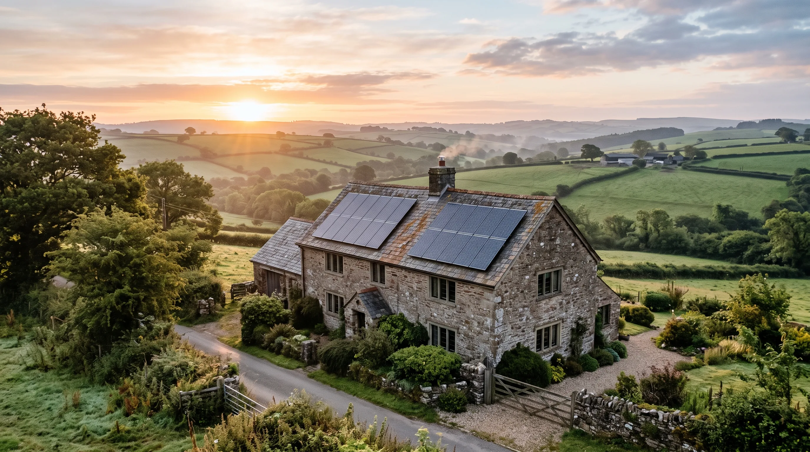 Solar panels on a pitched roof above the Devon countryside in the morning sun
