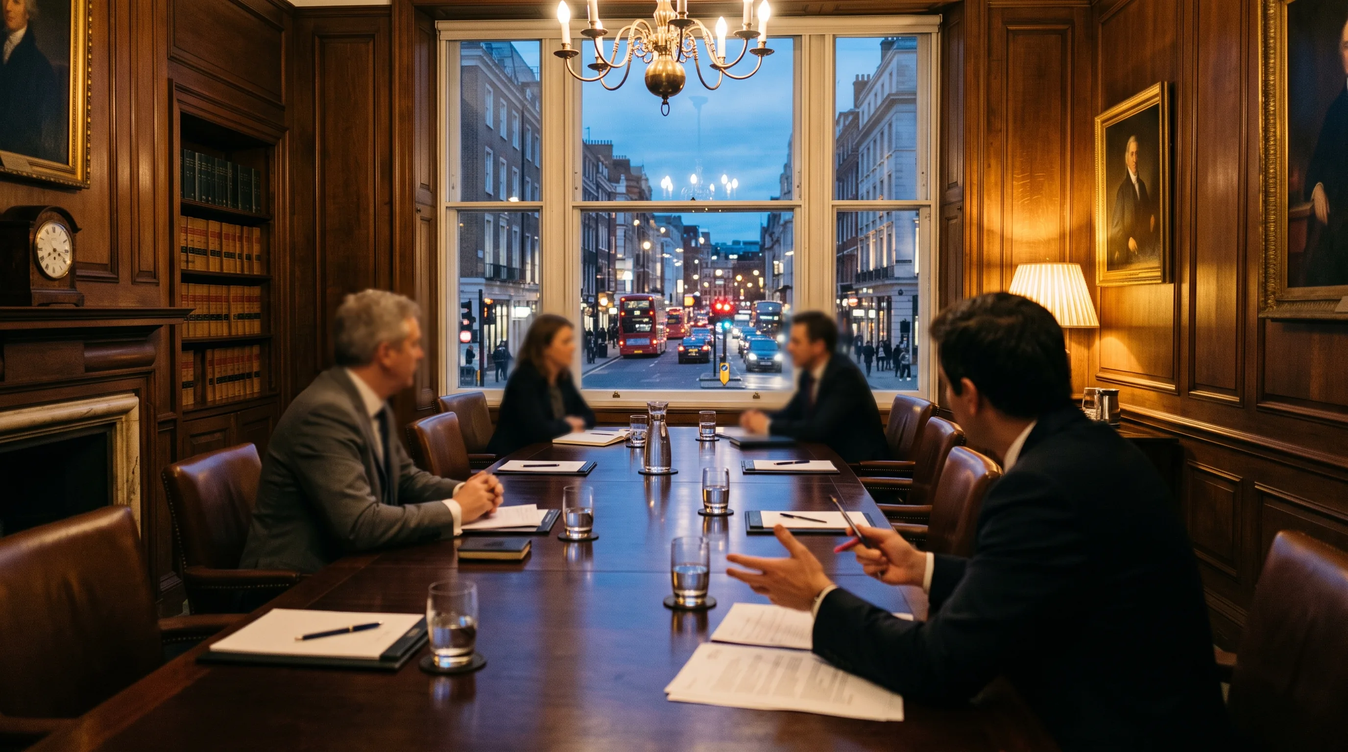 A panelled meeting room with a city view in the evening