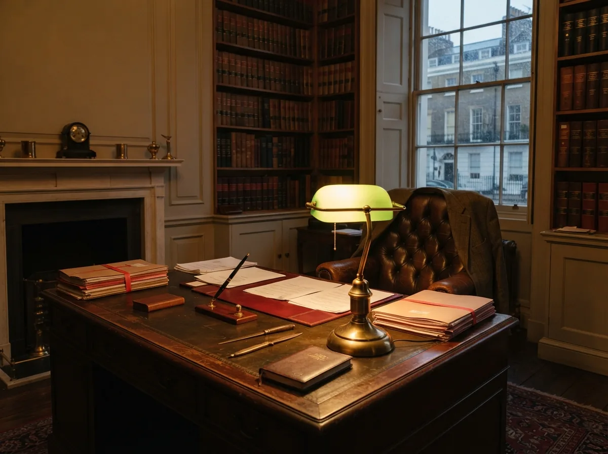 A solicitor’s office with a heavy desk and a brass lamp