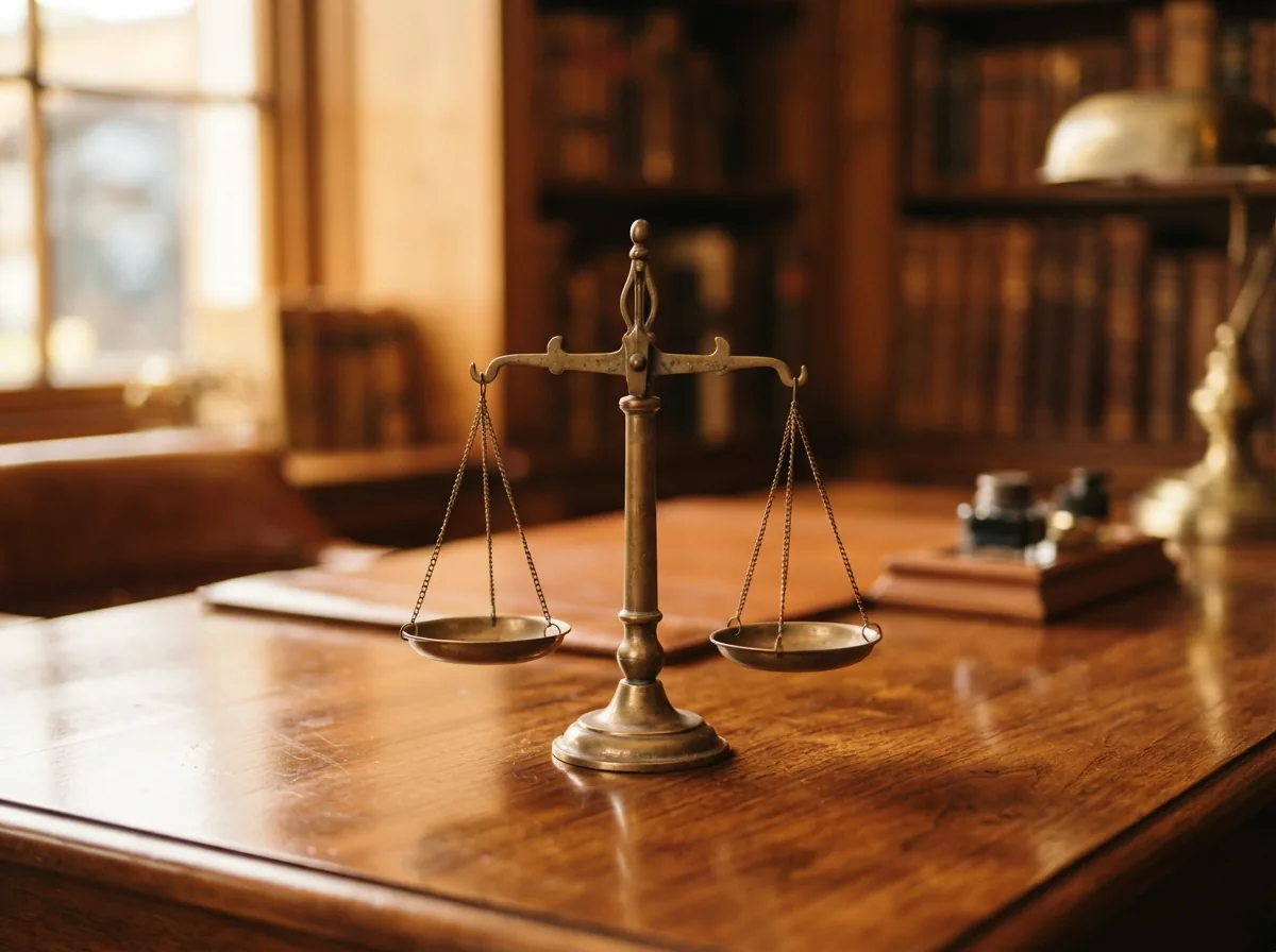 Brass scales of justice on a solicitor’s desk