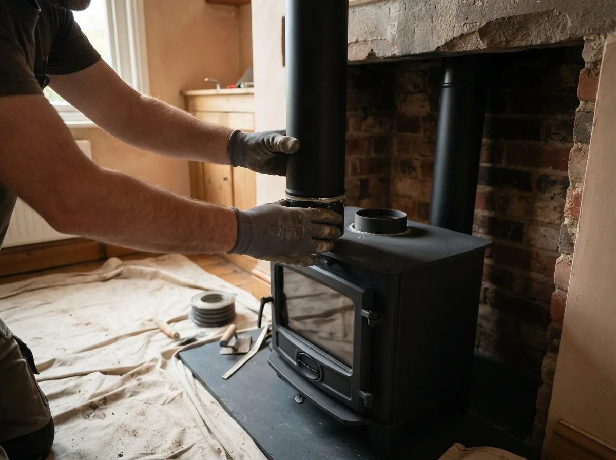 An installer connecting the flue pipe to a new stove