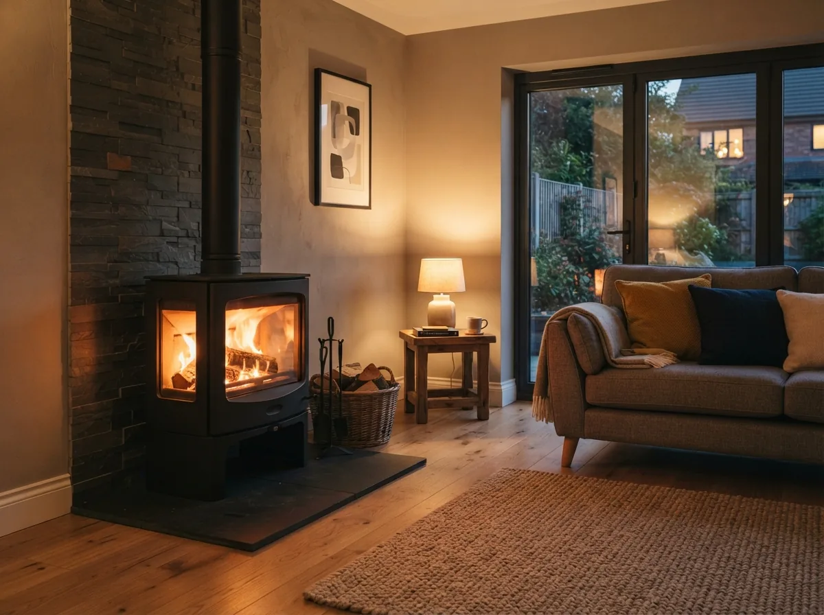 A corner stove glazed on two sides in a new build, lit