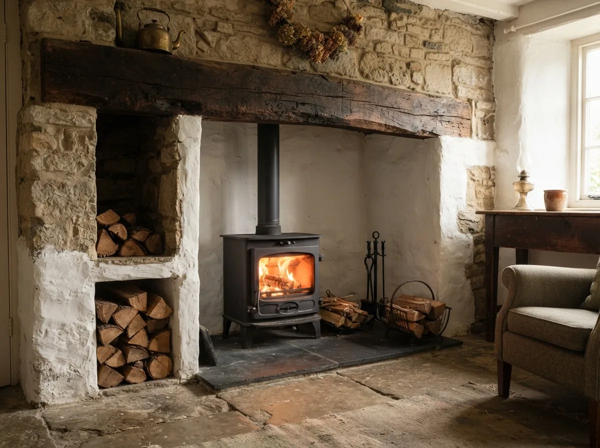 An opened-up inglenook with a stove set into it in a stone cottage