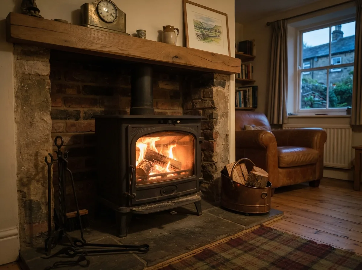 A cast iron wood burner with logs burning behind the glass