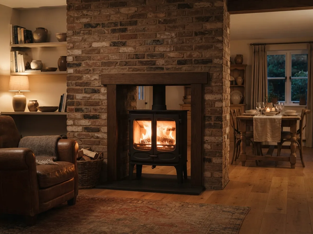A double sided stove glazed through from the living room into the dining room