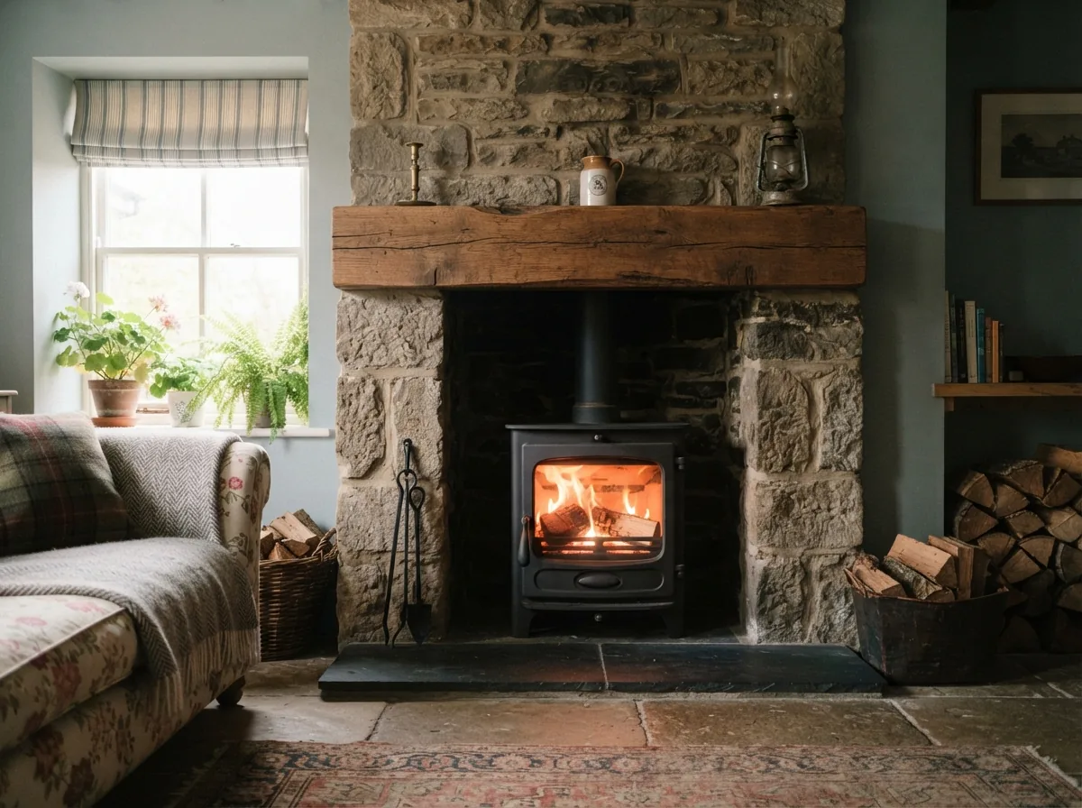 A stove with a gritstone surround and an oak mantel