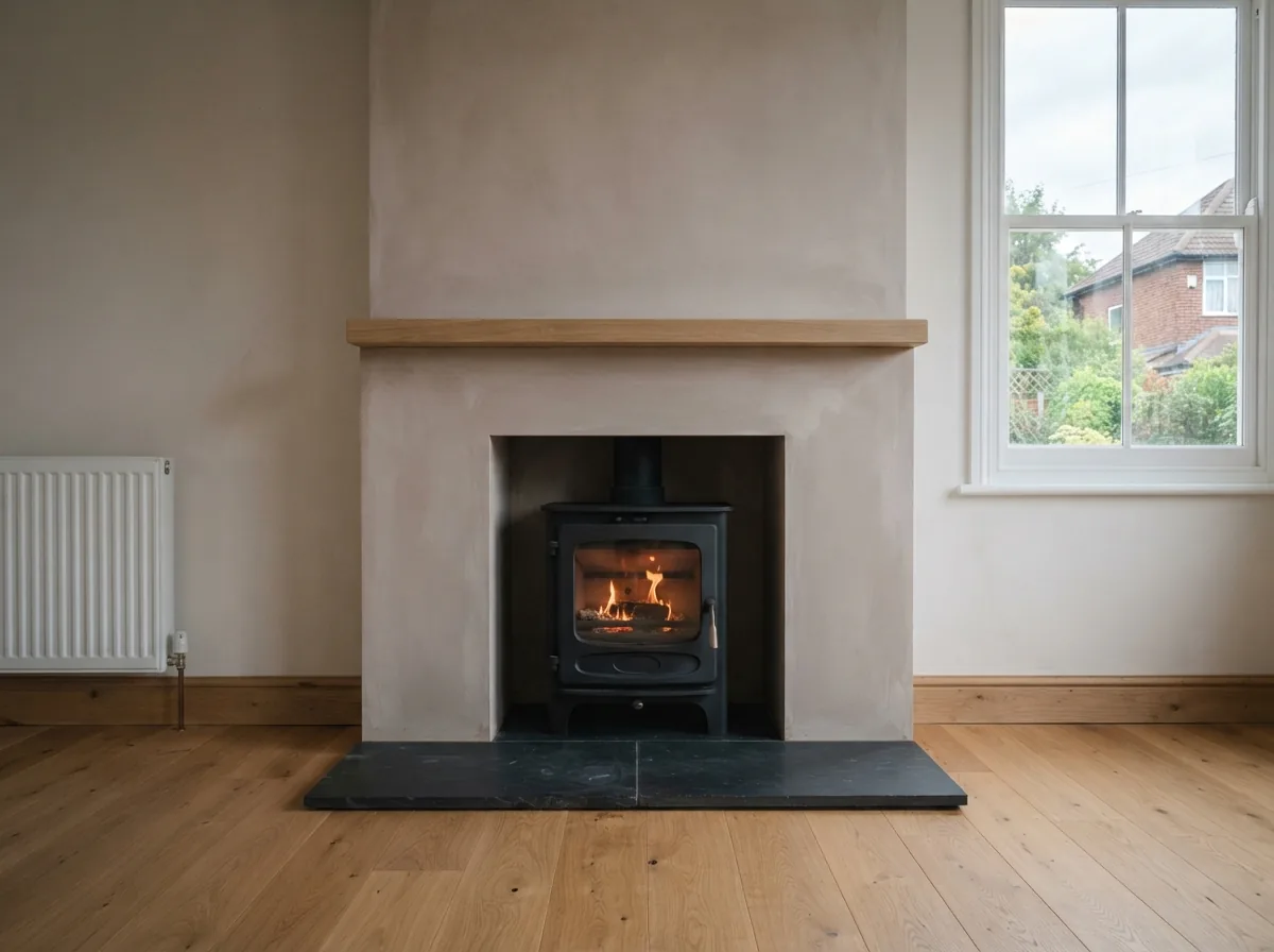 An inset stove in a rebuilt chimney breast with a slate hearth