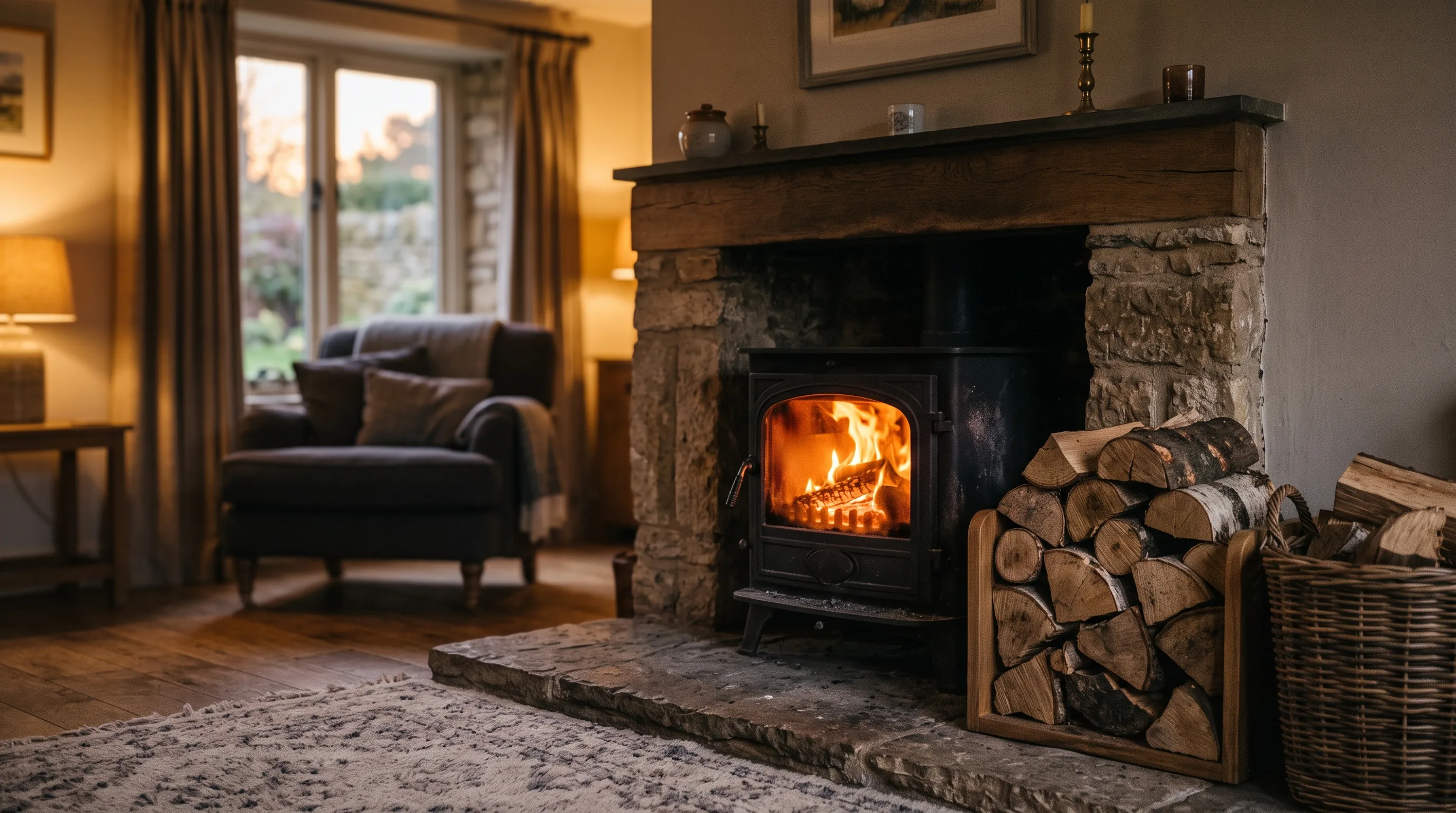 A lit wood burner in a cosy living room with logs stacked beside it
