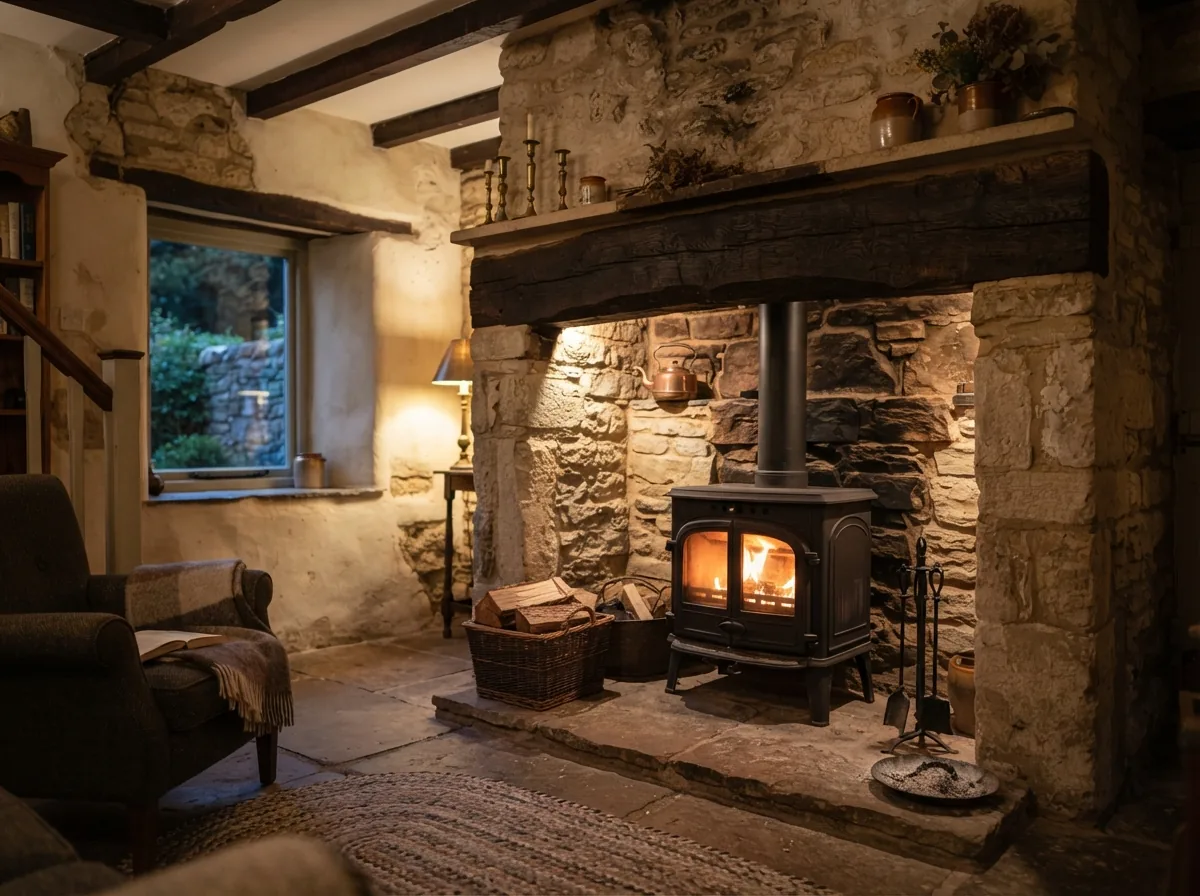 A rebuilt inglenook fireplace with an oak beam and a stone surround