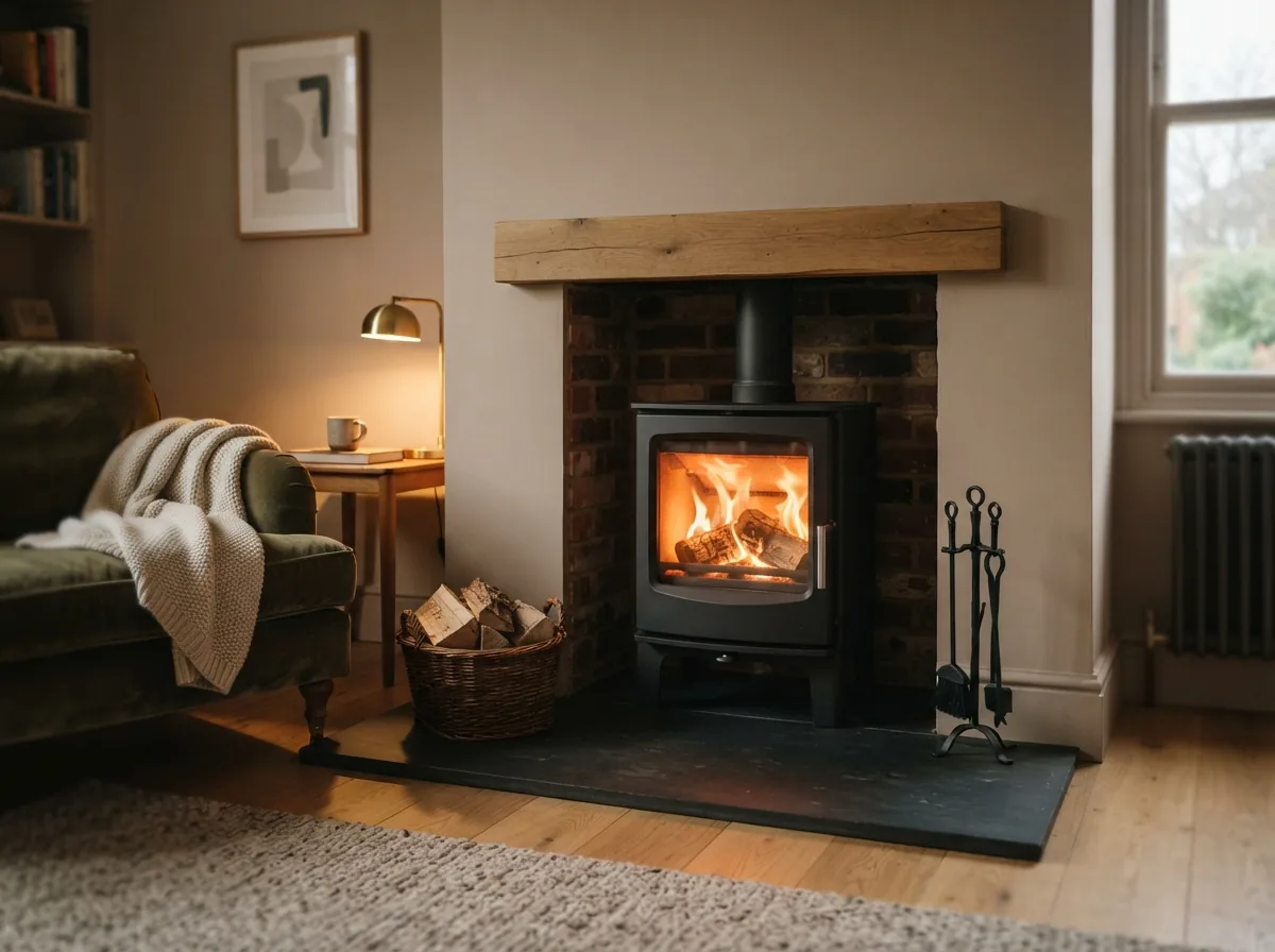 A modern steel wood burner alight in a living room