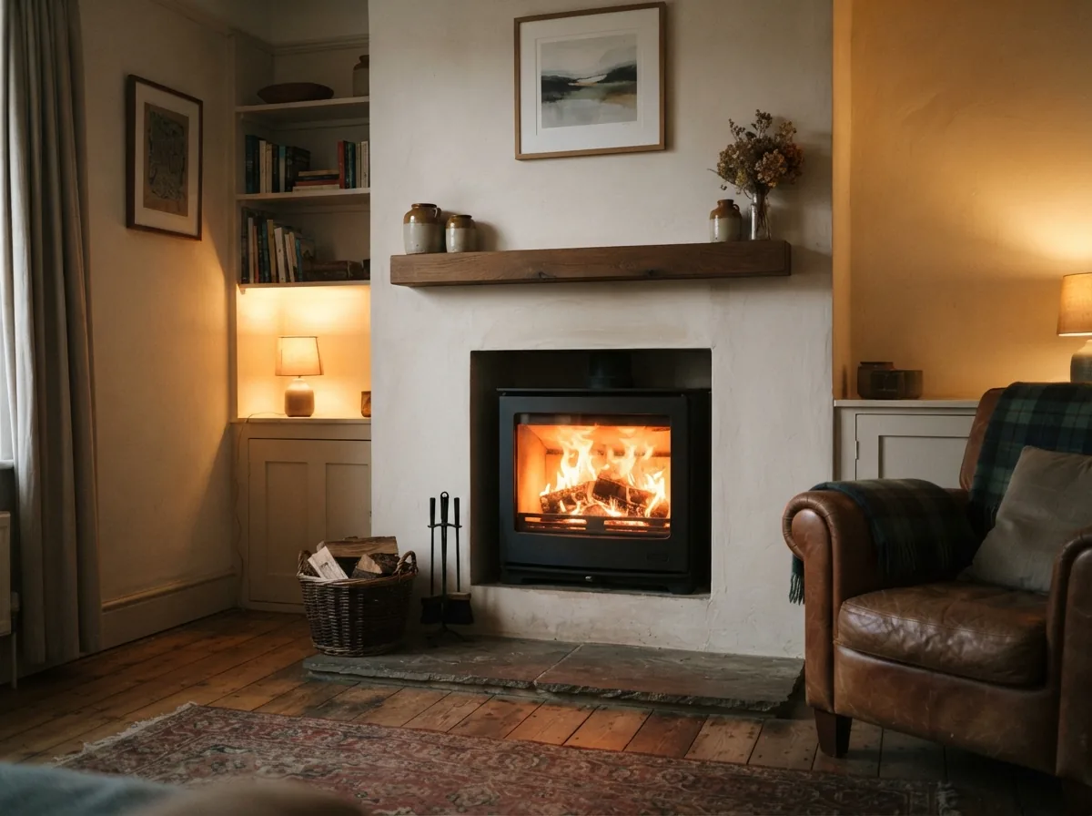 A flat fronted inset stove in a plastered chimney breast